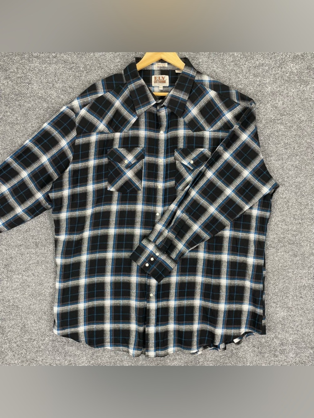 SOLD Ely Cattleman Western Shirt 3XLT Tall Pearl Snap Plaid Black White Long Sle